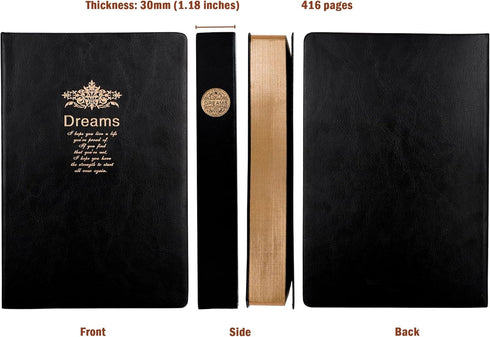 Lined Journal Notebook, A5 Black Faux Leather Cover, 100Gsm Premium Thick Papers with Golden Rim, 416 Pages