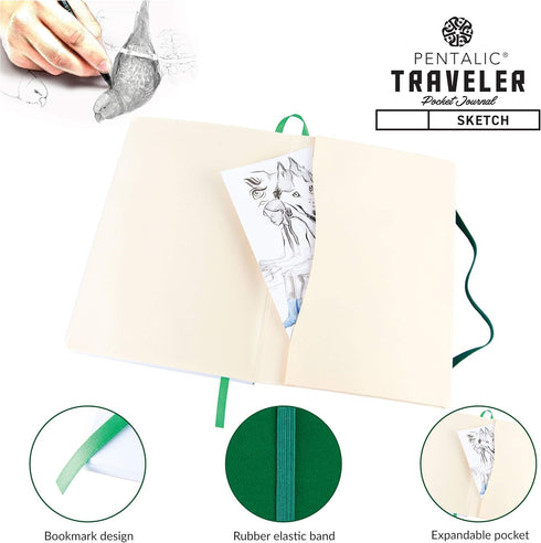Pentalic Pocket Sketchbook Traveler Journal, 6" x 8", 160 Pages, Green