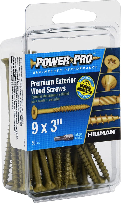 Power Pro 42482 Wood Screws, 9" x 3", Coarse Thread, Epoxy Coated, Outdoor Rust Resistant, Bronze, 50pcs Pack