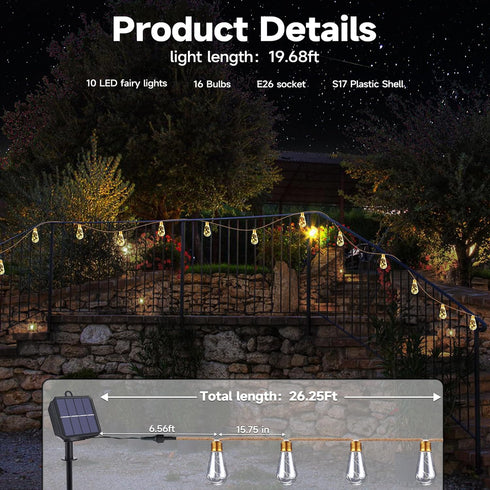 20Ft 8 16 Bulbs Solar Outdoor String Lights, Vintage Rope Hemp Solar Patio Lights, Waterproof Warm White Solar Powered