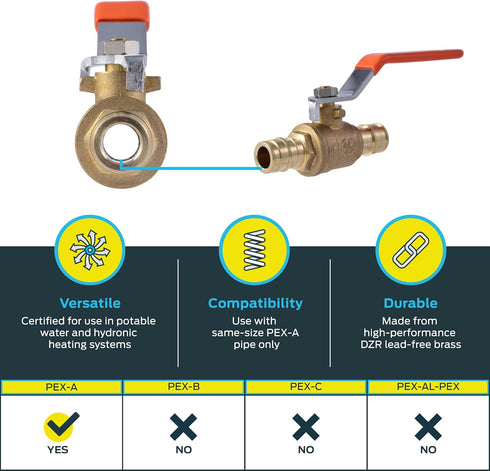 SharkBite UAB22461LFA 1/2 Inch Expansion Ball Valve, Brass Plumbing Fittings for PEX-A Pipe Tubing