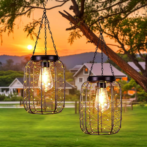 Hanging Solar Lanterns Outdoor Waterproof, Vintage Copper Hanging Lantern Lights for Outside,