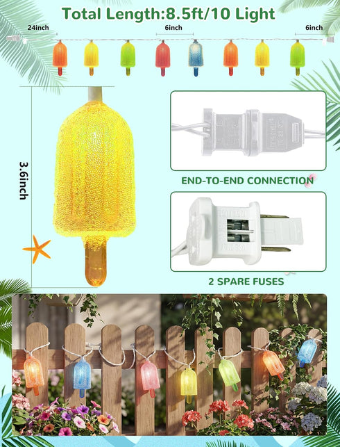 10 10 Bulbs, Summer LED Popsicle String Lights, Multicolor Ice Cream with Mini LED Indoor Outdoor Plug in Fairy Lights