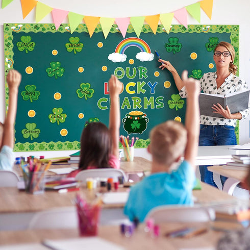 St. Patrick Shamrock Bulletin Board, 121P Classroom Decor with Clover Gold Rainbow Stockpot Cutouts for Home