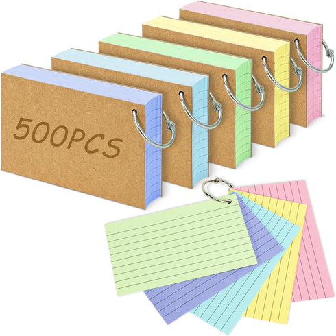 ANSTEEP 500PCS Colored Index Cards, 3x5 Inches Flash Cards with Ring, Lined on