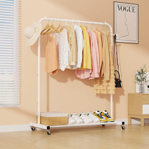 Closet, Sywhitta Clothing Rack on Wheels with Storage Shelf & Sturdy Metal Frame, Retail Clothing Rack for Hanging