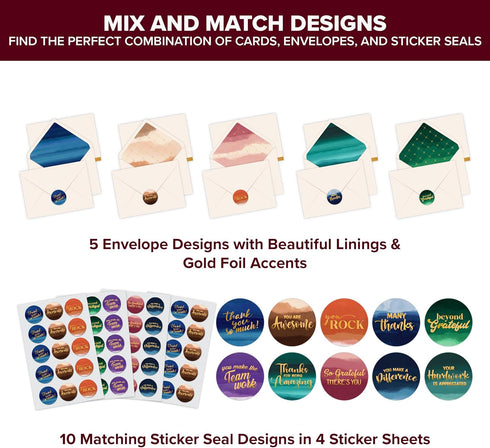 50 Pack 6x4in 10 Decorably Gold Foiled Watercolor Employee Appreciation Cards with Envelopes and Stickers, Designs
