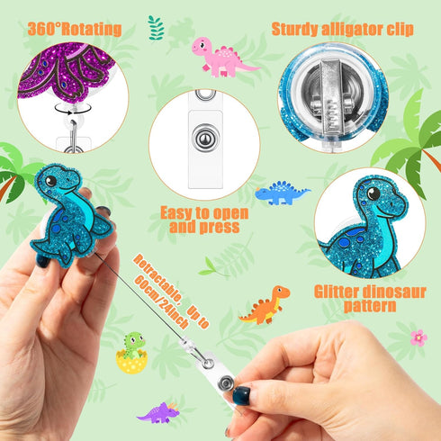8 ANGOLIO Easter Dinosaur Badge Reel - Easter Spring Gift Funny Retractable Glitter Acrylic Cute Animal Badge Holders