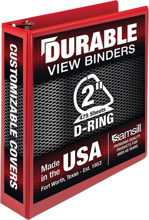 Samsill Durable 2 Inch Binder - Made in the USA, D Ring Binder with Customizable Clear View Cover, Red