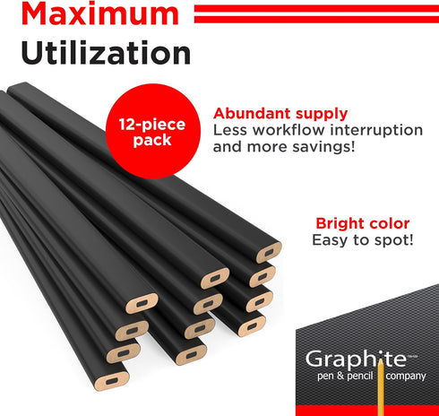 GRAPHITE Hard Lead Carpenter Pencils, Bulk Pack of 12 Pieces, #2 (HB) - Black Wooden Pencil