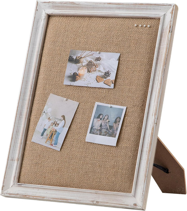 SOFE Small Bulletin Board for Desk, 12"×16" Cute Linen Pin Board with Rustic White Wood Frame for Office Living Room