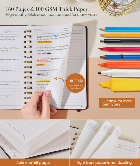Lined Spiral Notebook Journal, 160 Numbered Pages A5 College Ruled, Plastic Hardcover for Work School