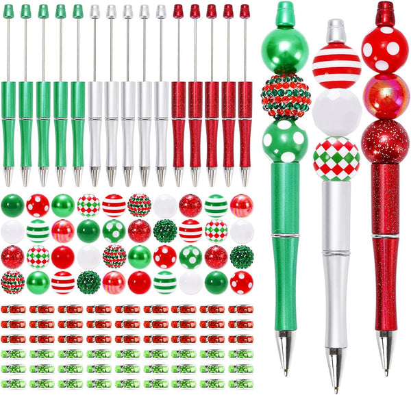 Whaline 15Pcs Christmas Beadable Pen, Red Green Silver Ballpoint Gel Ink Pen with 50 Colorful Beads, 100 Rhinestone