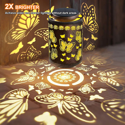 Outdoor Solar Butterfly Lantern Waterproof, Hanging Metal Garden Lantern with Warm Butterfly Projection, Decorative