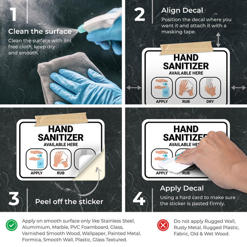 10x7 Inches, 4 Hand Sanitizer Available Here with Apply Rub and Dry Hands Graphic Sign, Mil Vinyl Decal Stickers