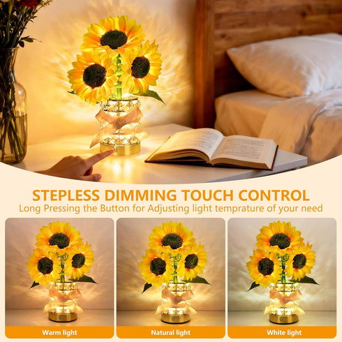 3-Colour Dimming 3 Handmade Sunflower Lamp, Rechargeable Cordless Touch Table Lamp, Infinitely Small Night Light