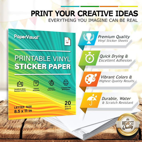 Printable Permanent Vinyl Paper - 20 Sticker Sheets For Printer - Matte White Waterproof Sticker Paper - Thick Tear-Resistant Sticker Printer Paper - Laser, Inkjet Printable Sticker Paper by PAPERVISUAL