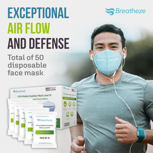 4 3 50 (5 Packs 10) Breatheze Ply Medical Isolation Face Mask Made in USA Level Fluid Resistant FDA Registered