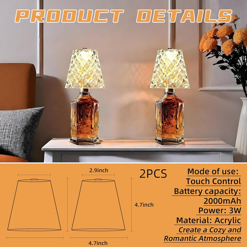 2 Pack 2000mAh, 3 Wine Bottle Lamp Crystal Clear, Rechargeable LED Acrylic Bottle Lampshade, Colors, Table Lamps, Desk