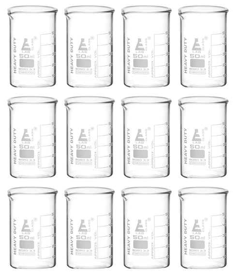 EISCO 12PK Heavy Duty Beakers, 50ml - 5mm Thick, Uniform Walls - Superior Durability & Chemical Resistance -