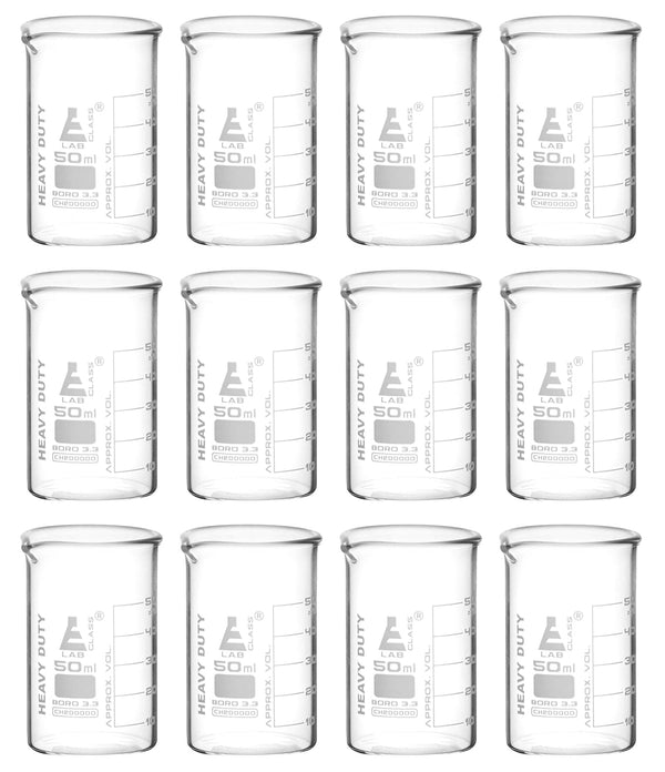 EISCO 12PK Heavy Duty Beakers, 50ml - 5mm Thick, Uniform Walls - Superior Durability & Chemical Resistance -
