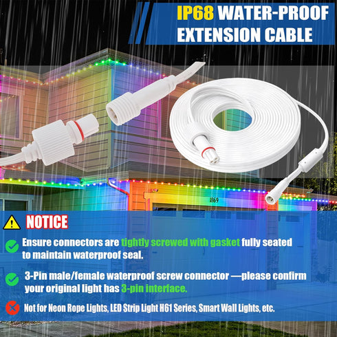 Zejoot IP68 3-Pin Permanent Outdoor Lights Extension Cable with Ferrite Core, Waterproof Y-Splitter Extension Cord, Low