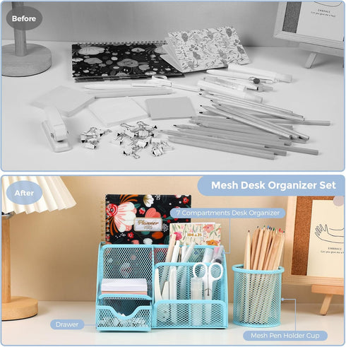 Set, 1000pcs SKYDUE Blue Office Supplies Office Desk Accessories, Mesh Desk Organizer, Stapler, Tape Dispenser