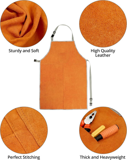 Set, QWORK Welding Apron& Sleeves, Welding Work Protectors Heat and Flame Resistant Leather Work Shop, Blacksmith