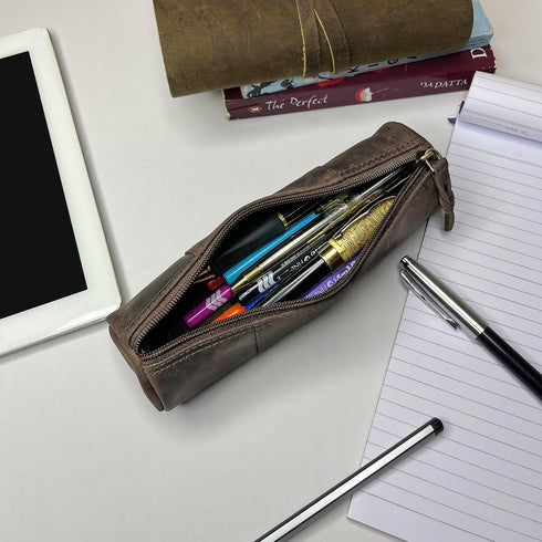 Full Grain Leather Zippered Pencil Case - Rustic Town Pen Holder for Office Use