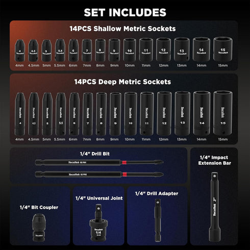 52PCS 1/4" Set Set, Metric(4-15mm), Set(6-14mm) 1/4" TecoTek Drive Impact Socket & Magnetic Nut Driver Deep & Shallow