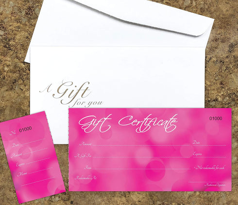 Blank Gift Certificates Set of 25, Pink Background with Free Matching Envelopes, Coupons for Small Business