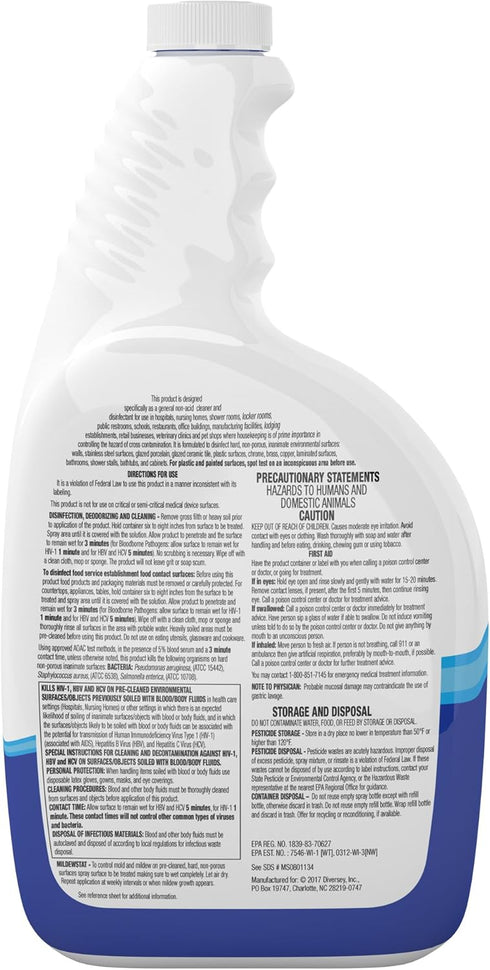 Diversey CBD540540 All Purpose Disinfectant Cleaner, 32-Ounce, Lemon Scent, Kills 99.9% of Germs, Ready-to-Use Spray