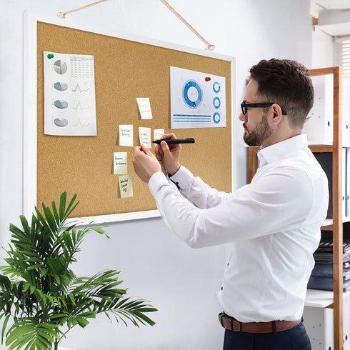 FEBSNOW Cork Board Bulletin Board 23 x 15.7 Inches with Rectangle White Frame for Office Message Board