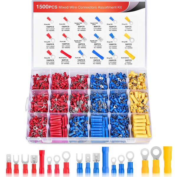 Nilight 1500pcs Mixed Quick Disconnect Crimp Connector Kit - Butt Splice Ring Fork Spade for Automotive Wiring