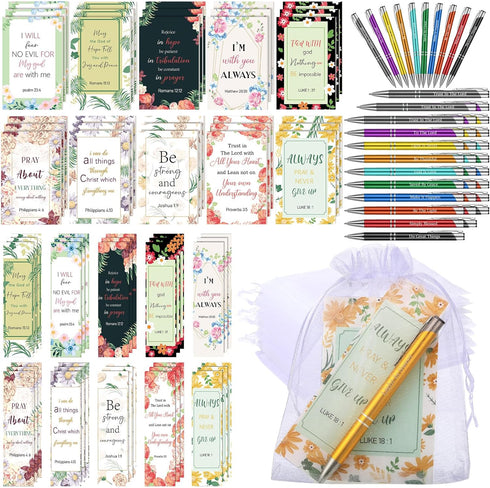 Sinmoe 120 Pcs Bible Gifts Set, 30 Bible Verses Bookmarks, 30 Scripture Pens, 30 Notebooks, 30 Organza Bags
