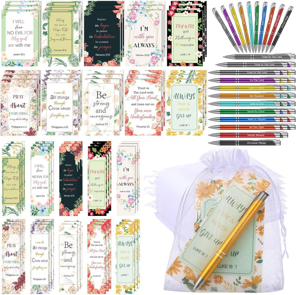 Sinmoe 120 Pcs Bible Gifts Set, 30 Bible Verses Bookmarks, 30 Scripture Pens, 30 Notebooks, 30 Organza Bags
