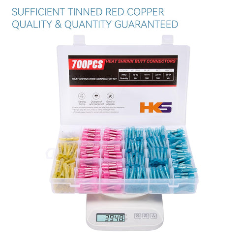 HKS 700 PCS Heat Shrink Butt Connector Kit - Electrical Wire Connectors 26-10 AWG - Tinned Red Copper for Automotive