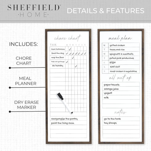 Sheffield Home Set of Two Family Planner Dry Erase Boards, 9 x 21 Inch, Chore Chart, Shopping List, Weekly Meal Planner