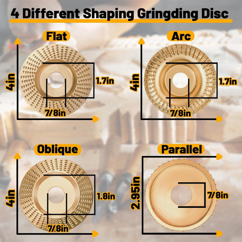 4PCS Angle Grinder Wood Carving Disc Set for 4" or 4 1/2" Attachment, Stump Tool Grinder Disc Wheel Attachments for Woodworking, Wood Shaping Carving Disc for Wood Cutting