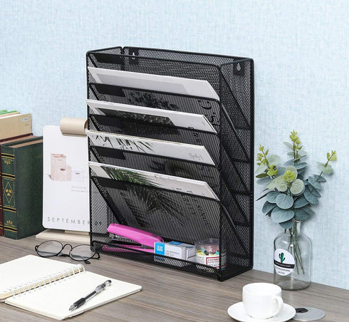 EasyPAG 5 Slot Wall Hanging File Organizer - Vertical Office Desk / Wall Mounted Paper Holder with Bottom Tray, Black
