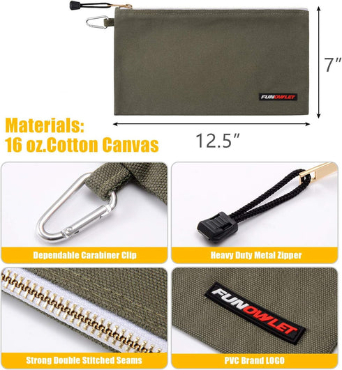 Utility Canvas Zipper Tool Bag, Heavy Duty Pouch with Carabiner, Multi-Purpose Storage Organizer, 4 Pack