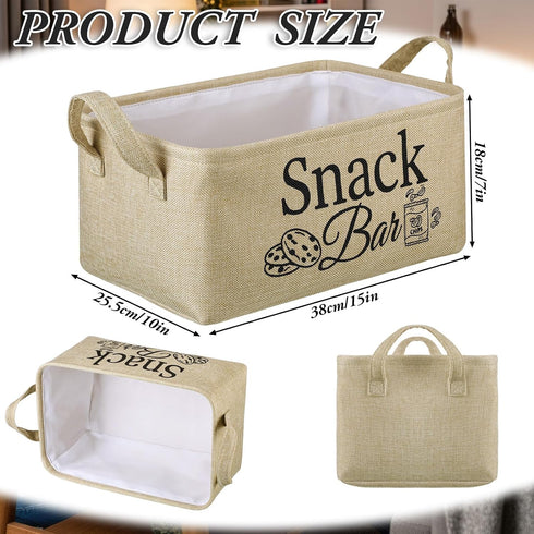 Snack Bar Organizer Basket, Burlap Fabric Snack Storage Holder with Waterproof Lining & Handles, Collapsible Bar