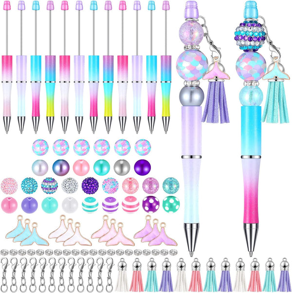 Jutom 12 Pcs Beadable Pens with 50 Colorful Beads, 12 Tassels, 12 Pendants, Assorted Colors for DIY Making Kit