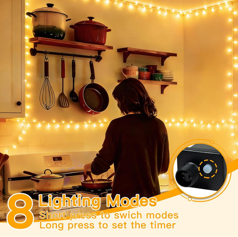 200LED 60FT 8 Ollny Christmas Lights Indoor, Warm White Connectable Plug in String Light Outdoor, Modes Waterproof