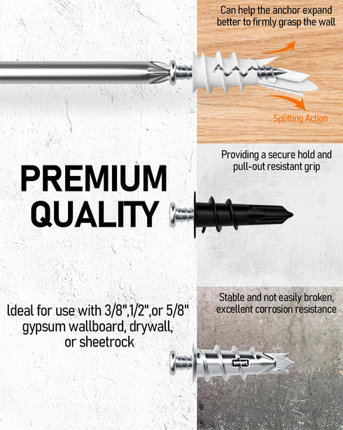INCLY 200PCS #8 Drywall Anchors Kit, Self Drilling, 100 Zinc Metal & Plastic Dry Wall Anchors and 100 Philips Screws
