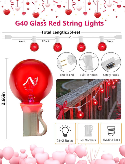 G40 25Ft 27 Bulbs, Valentines Day Red Globe String Lights, Outdoor Valentines Day Decorations Lights with Incandescent