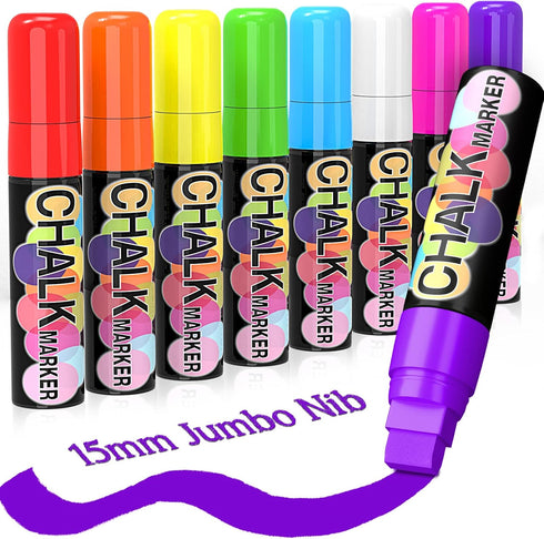 Window Paint Markers for Glass Washable - 8 Pack 15mm Jumbo Liquid Chalk Marker, Neon for Cars, White Board, Mirrors