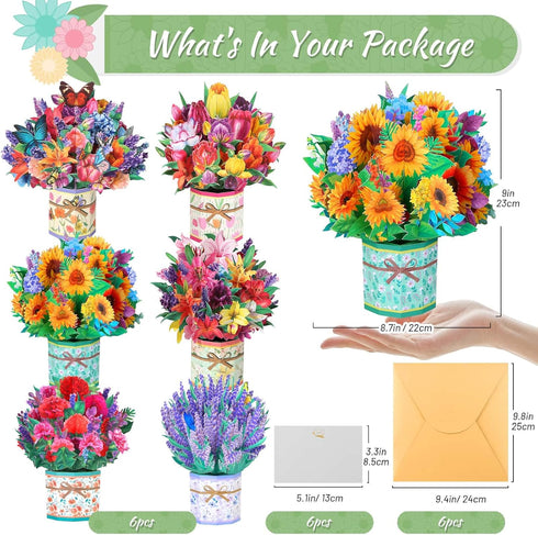 6 Pack 3D Paper Flower Pop Up Cards, Flower Bouquet Card Popup Greeting Cards for Mother's Day, Graduation