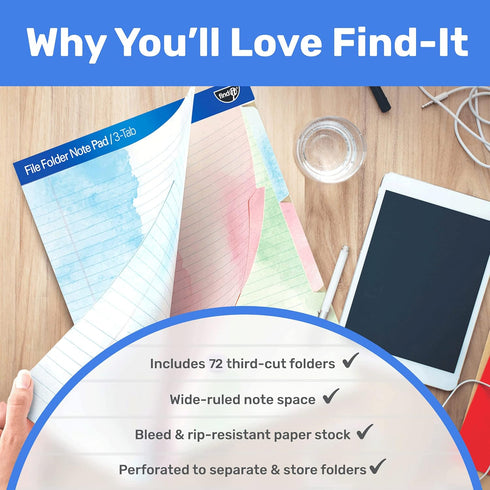 Find It File Folder Notepad - Pack of 72 - 9.5 x 12.5 Inch Notebook Organizer Folders for Filing, Document, and