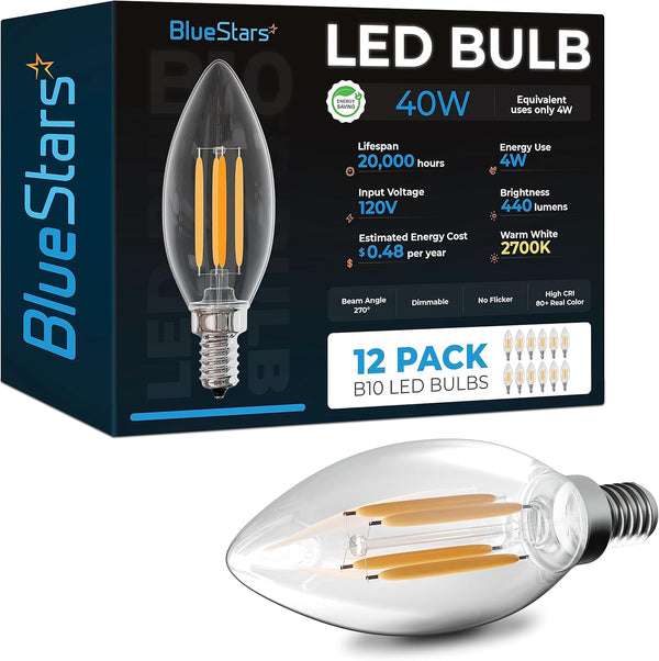 BlueStars 12-PACK B10 E12 LED Bulbs, DIMMABLE 4W 2700K Warm White, 40W Equivalent, 440 Lumens for Ceiling Fan,
